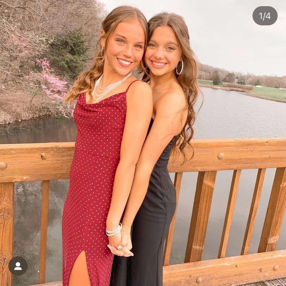 Maroon prom dress.